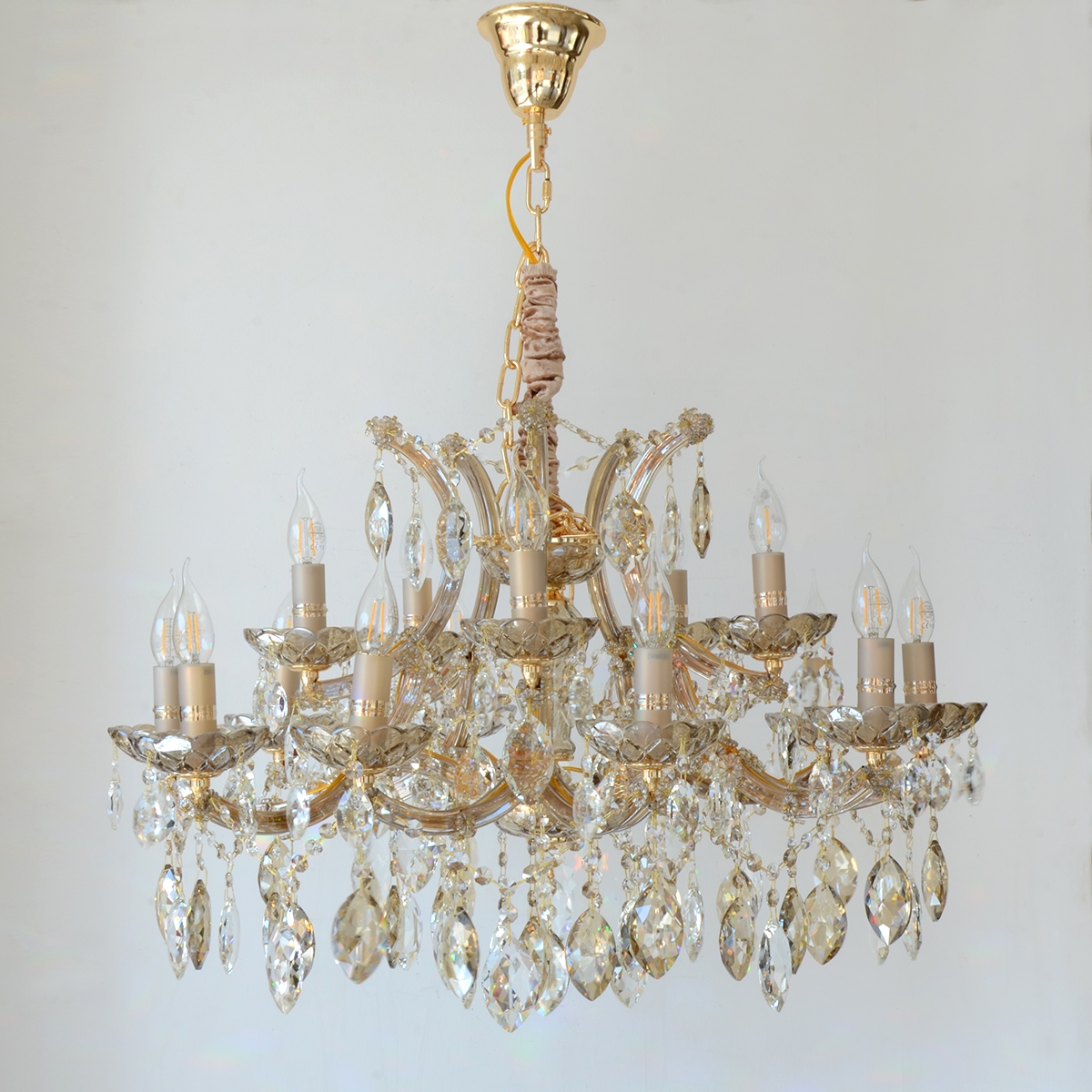 Crystal Chandelier Glass 10 + 5 Arms - Gold 