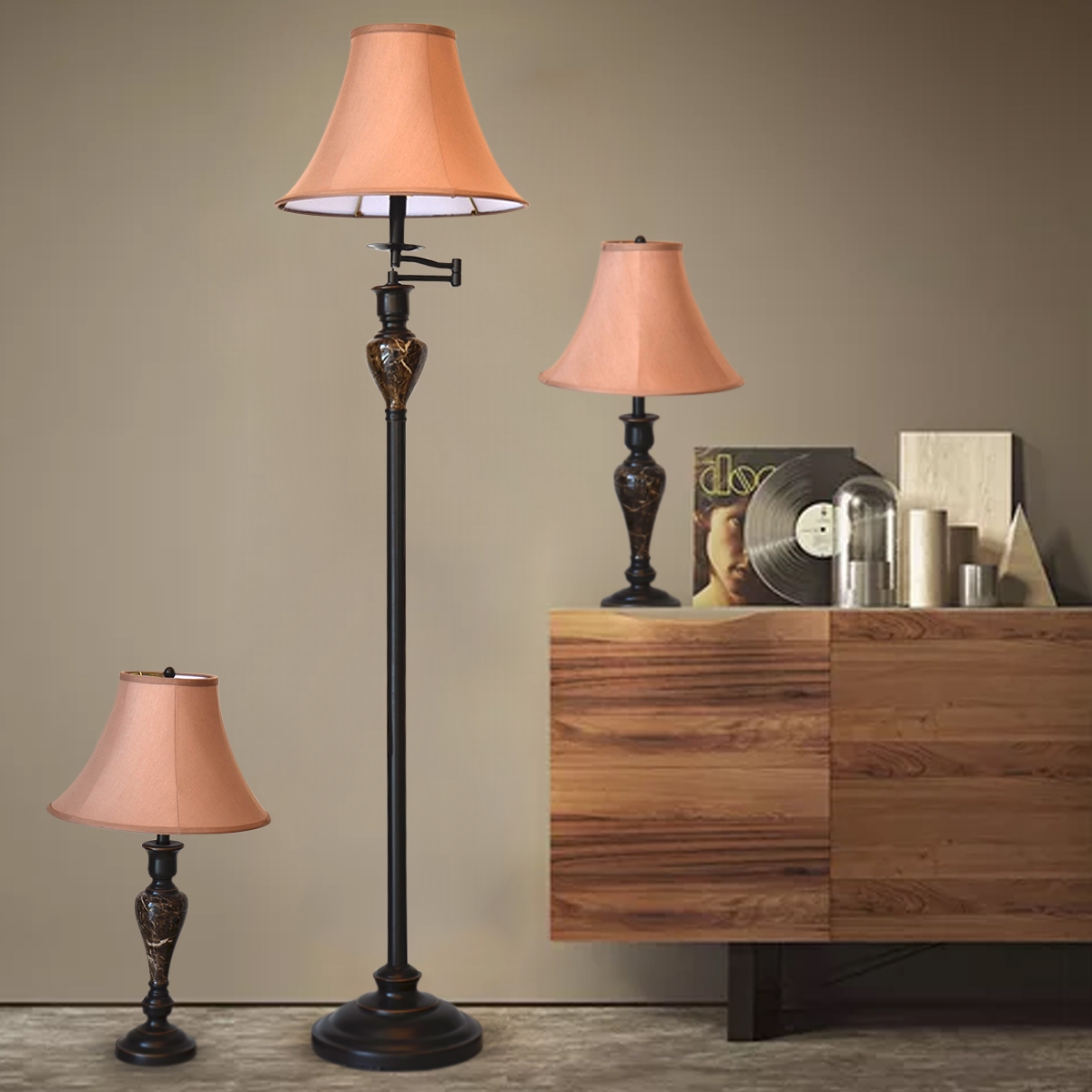 Floor Lamp SET (1 floor Lamp + 2 Table Lamps)Brass/Ceramic 8003 -  Black / Brown