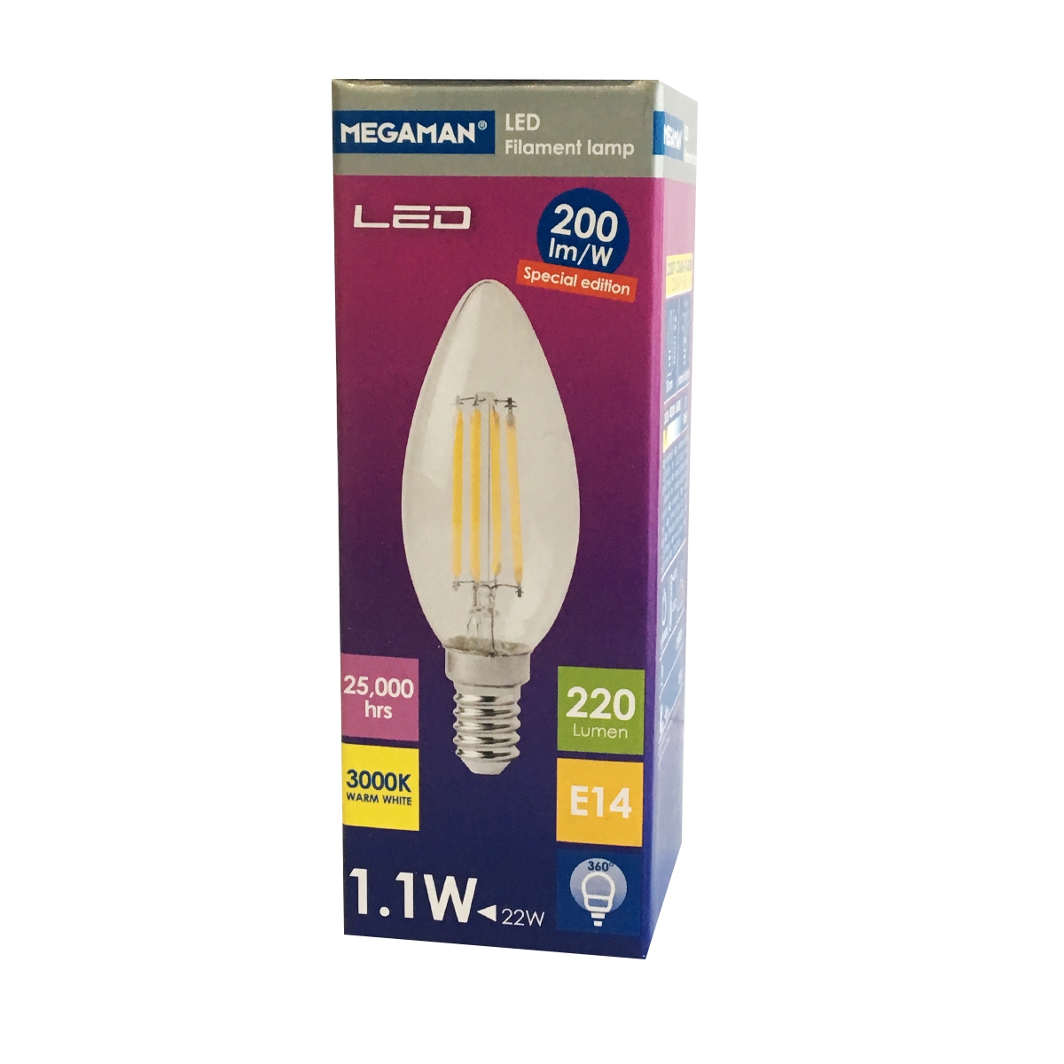 مصباح ميجامان- مواصفات خاصة- موفر للطاقة 1.1 وات اللون أبيض خفيف E14